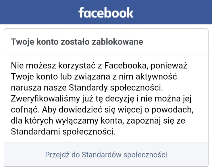 Okno informujące o zablokowaniu konta na FB